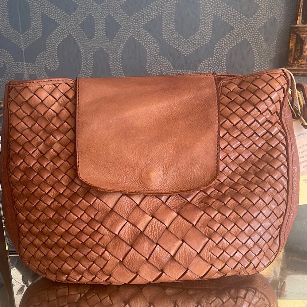 New Medium Brown Woven Leather Shoulder Bag